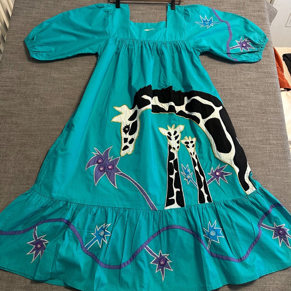 Ramona Rull  giraffe Applique Midi Dress Women One Size Teal Boho Embroidered